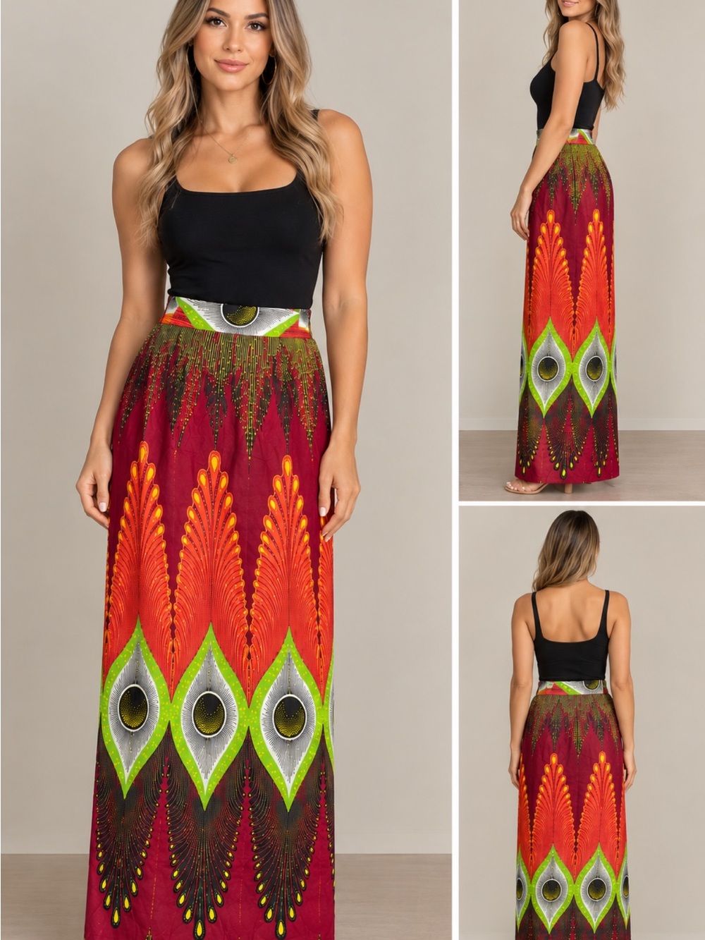 African Ankara wax print Maxi Skirt with Vibrant Red and Green colorful Boho M/L